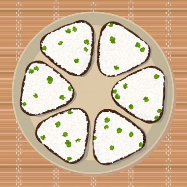 Yeşil bezelye ile nori yosun sarılmış ile onigiri.