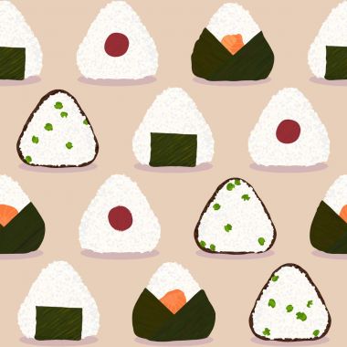 Onigiri desen. Japon yemeği. Pirinç topu türleri. 