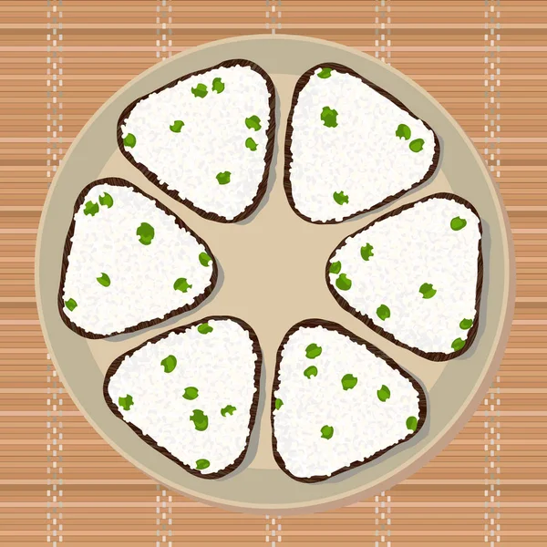 Onigiri con guisantes verdes envueltos con algas nori . — Vector de stock