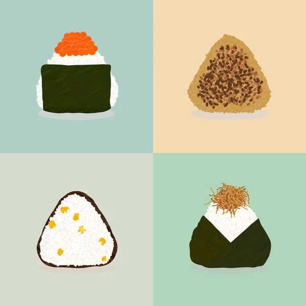 Rijst ballen. Japanse keuken. Vier onigiri typen. — Stockvector