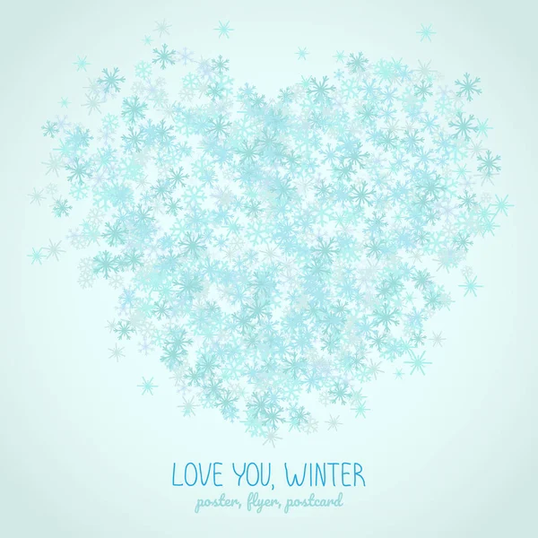 Herzsymbol aus blauen Schneeflocken. Textrahmen. — Stockvektor