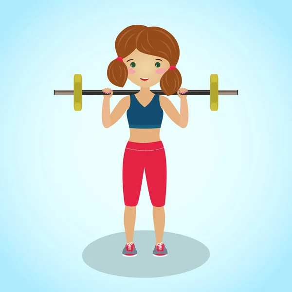 Girl with a barbell. Cartoon character. Workout. — Stock Vector