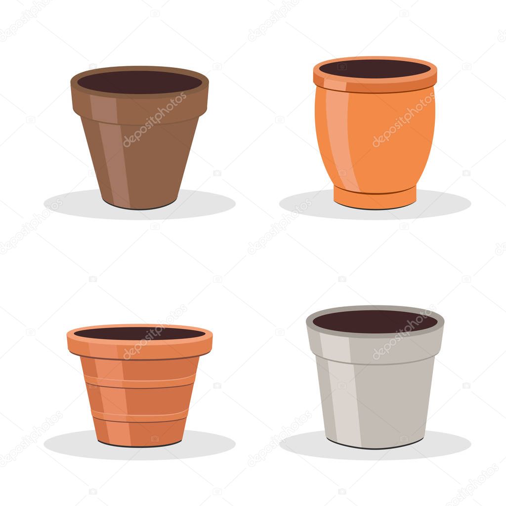 Set of four flower pots isolated on white. Garden.
