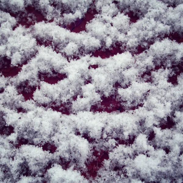 Rode houten oppervlak bedekt met sneeuw. Close-up. — Stockfoto