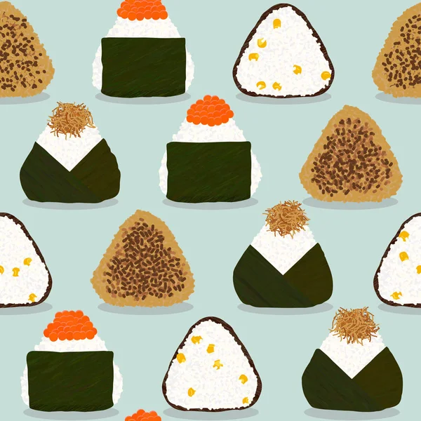 Rijst ballen. Japanse keuken. Vier onigiri typen. — Stockvector