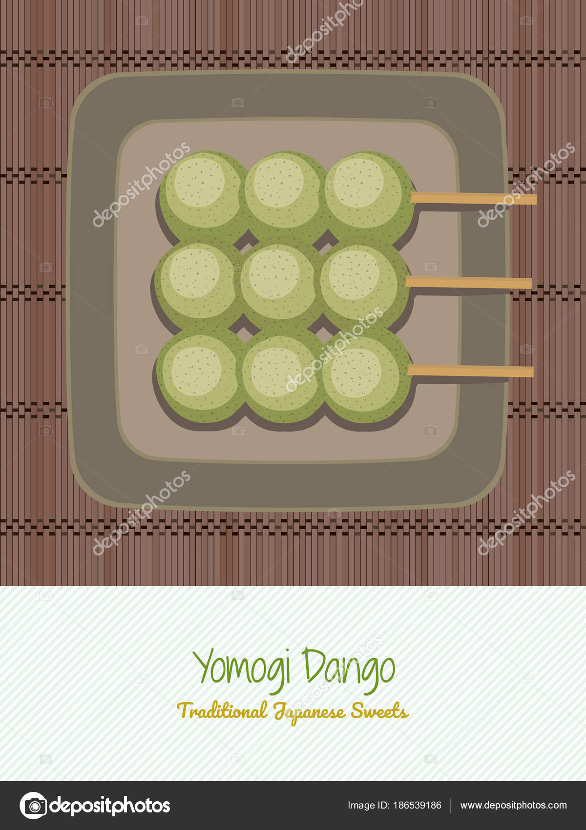 Dulces tradicionales japoneses. Yomogi Dango. Asiática . — Vector de