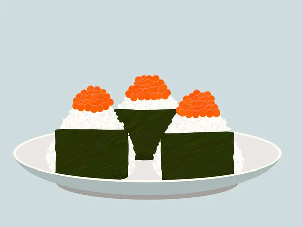 Onigiri topped with salmon roe ikura on the plate. — Stock Vector