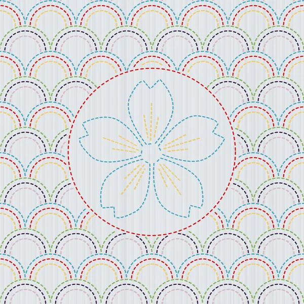 Patrón Sashiko. Flor de sakura en flor. Sin costuras . — Vector de stock