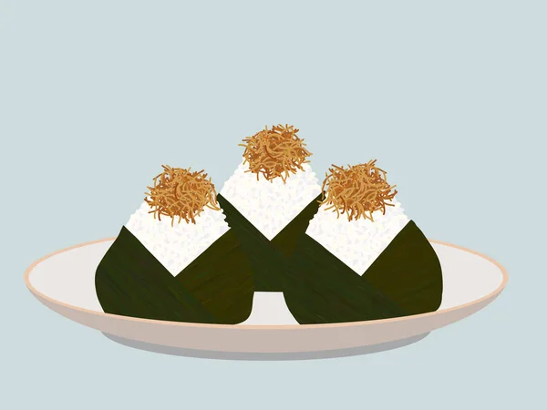 Onigiri coberto com pequenos peixes fritos no prato . —  Vetores de Stock