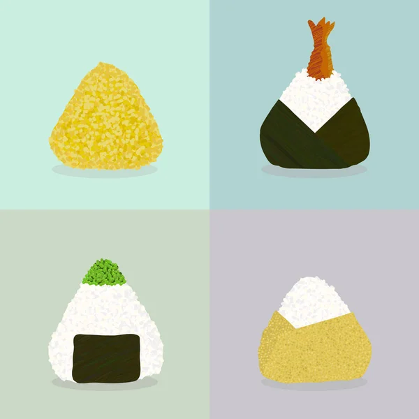 Palle di riso. Cucina giapponese. Quattro tipi di onigiri . — Vettoriale Stock