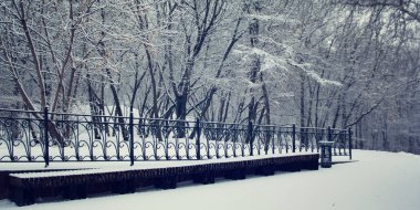 Karlı bir gün. Boş tezgah parkta. Kış sahne