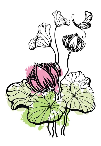 Dekorative Illustration mit Lotus und Schmetterling — Stockvektor