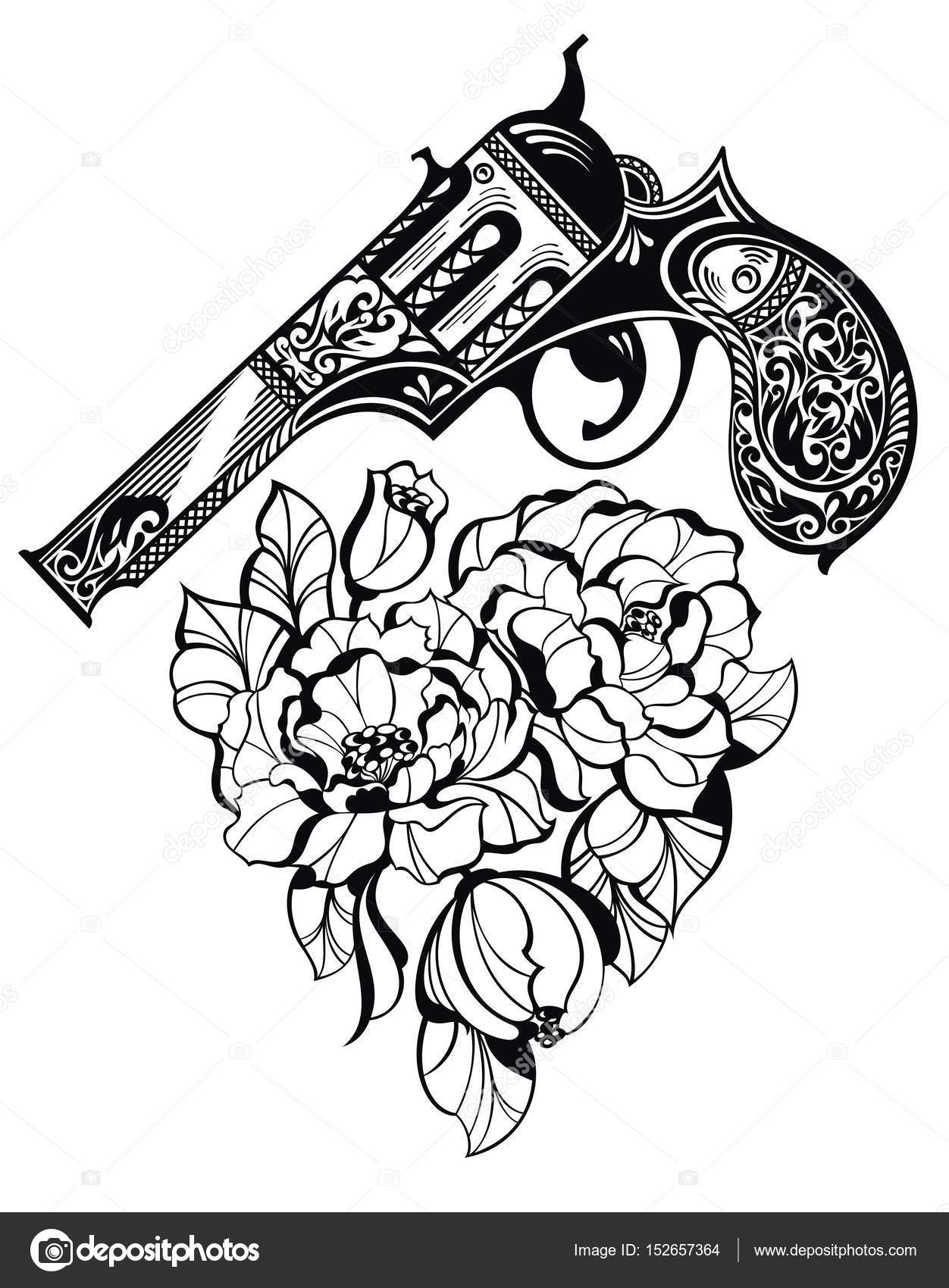 Pistol Tattoo And Flower As A Heart Style Stock Vector Image By C Ksyshakiss 152657364