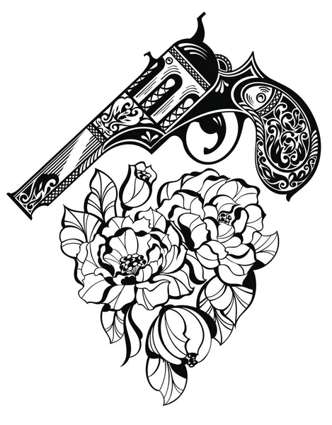 Pistola tatuaje y flor como un estilo de corazón — Archivo Imágenes Vectoriales