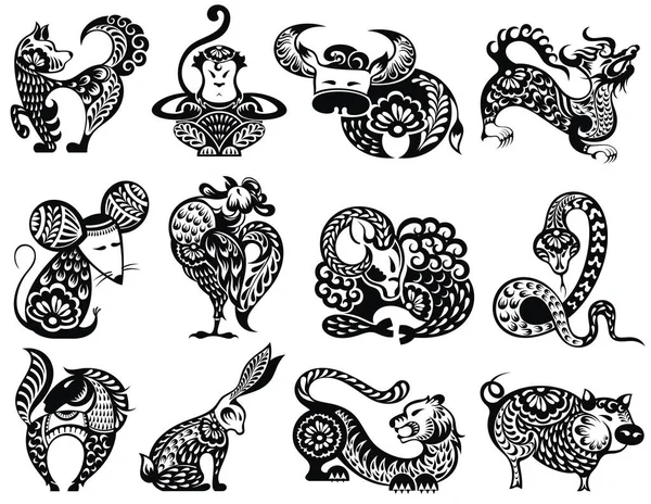 12 китайських знаків зодіаку з декоративними елементами — стоковий вектор