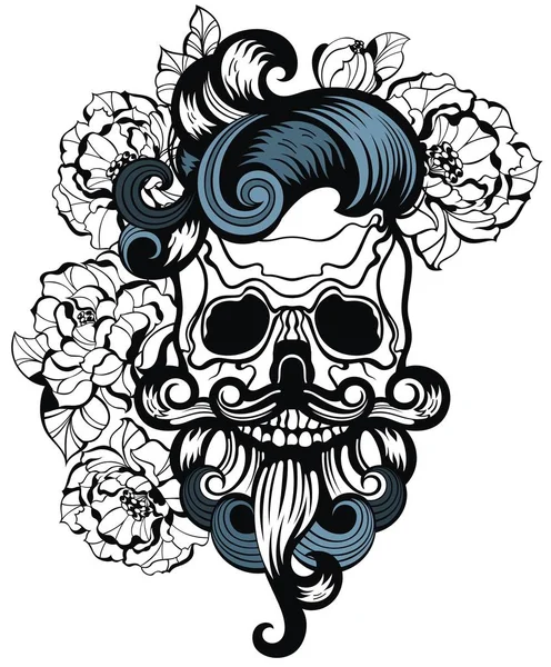 Ilustração vetorial. Crânio com cabelo. Hipster de crânio. Estilo T-shirt — Vetor de Stock