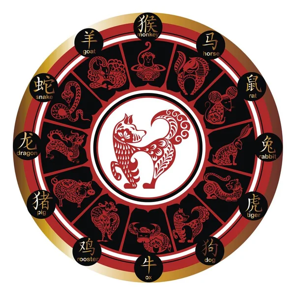Zodiaco Cinese Animali Cerchio — Vettoriale Stock