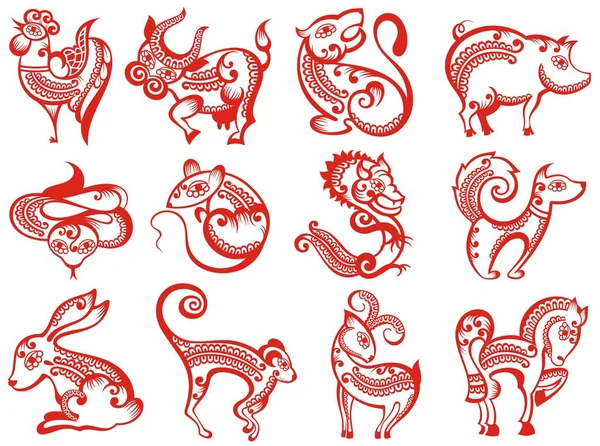 Animais Zodíaco Chinês Estilo Corte Papel — Vetor de Stock