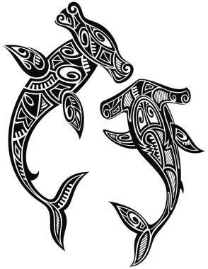 Hammer sharks tattoo in Maori tribal style clipart