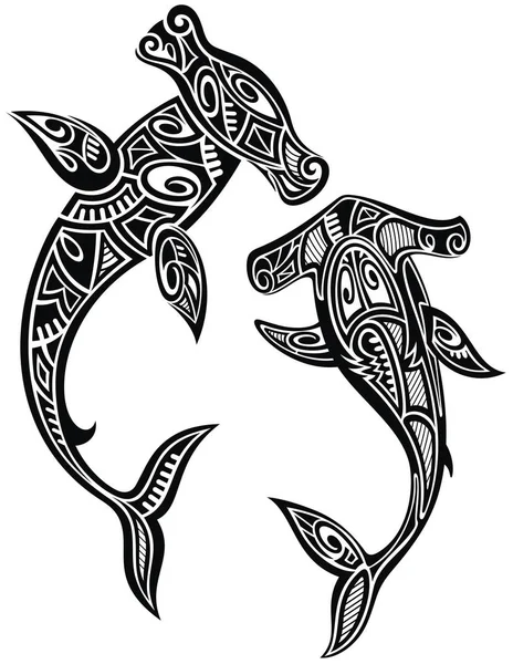 Hammer Sharks Tattoo Maori Tribal Style — Stock Vector