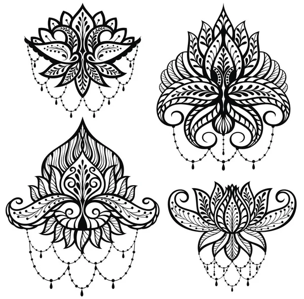 Desenho Tatuagem Com Quatro Lótus Ornamentais Branco — Vetor de Stock