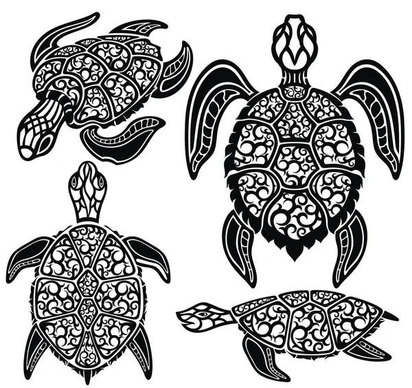 Μαύρο Και Άσπρο Θαλάσσιες Χελώνες Μπούκλες — Διανυσματικό Αρχείο
