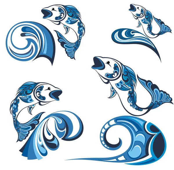 Colección Con Símbolos Abstractos Peces Olas Marinas — Vector de stock