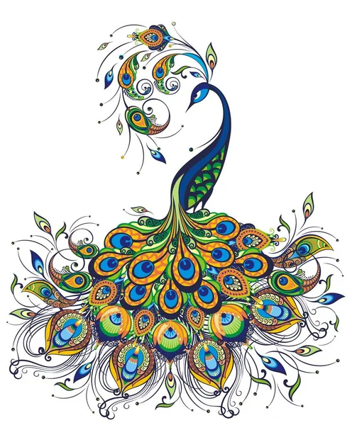 Peacock Dibujo Fantasía Sobre Fondo Blanco — Archivo Imágenes Vectoriales