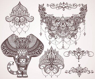 Lotus, hamsa, fil, Ganesha. Mihendi tarzı