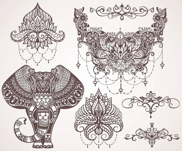 Lotus Hamsa Olifant Ganesha Mihendi Stijl — Stockvector