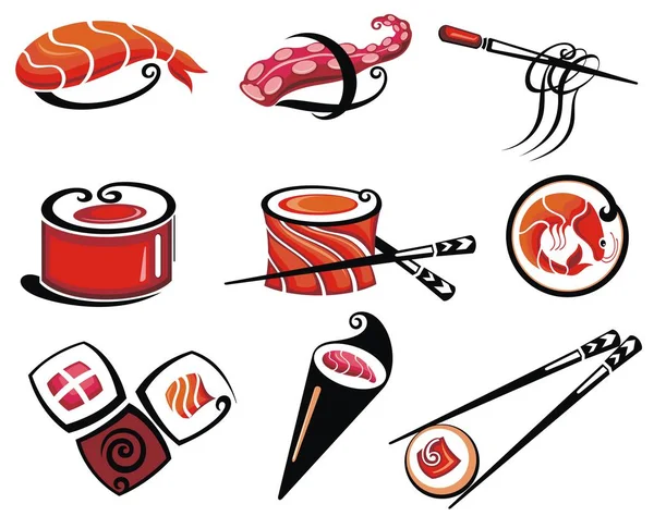 Japán Élelmiszerek Címkéin Különböző Sushi — Stock Vector