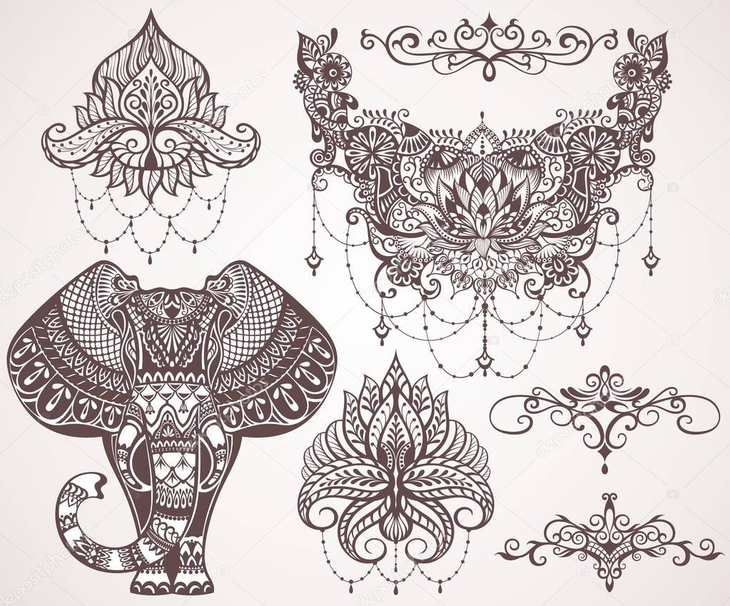 Lotus, hamsa, elephant, Ganesha. Mihendi style