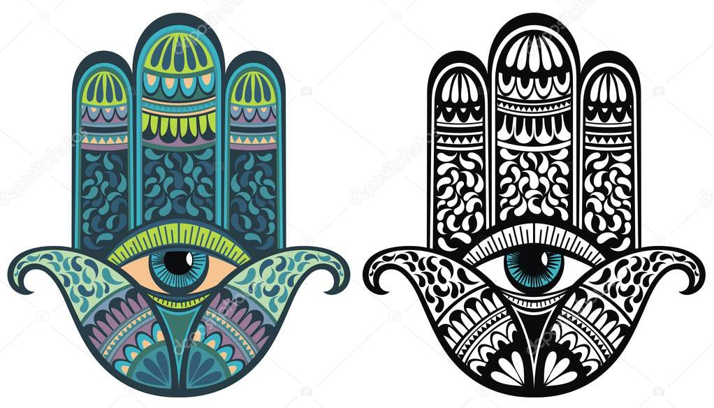 Illustration of Hamsa with boho pattern. Buddhas hand. Vector element for your sketch of tattoo