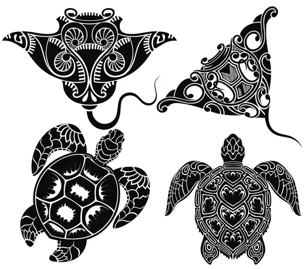 グラフィックウミガメ及びベクトルエイ又はマンタレイのセット — ストックベクタ