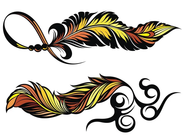 Conjunto Penas Tatuagem Pássaro Duas Penas Estilizadas Com Formas Decorativas —  Vetores de Stock