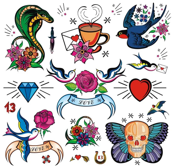 Tatuaggi Tradizionali Disegnati Mano Set Vettoriale Grafico Colorato Tutti Gli — Vettoriale Stock