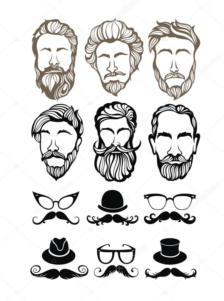 Vector men hairstyle silhouettes. Set of mens hairstyles, beards and mustaches.Gentlmen haircuts and shaves.