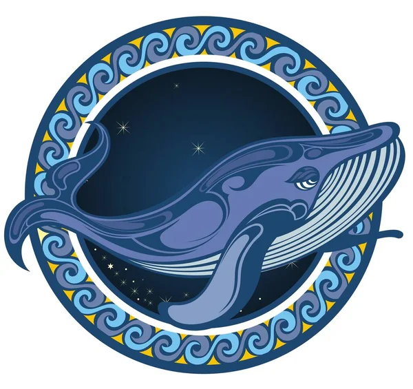 Vetor Baleia Azul Ilustração Redonda Grande Onda Peixe Marinho Estilo — Vetor de Stock
