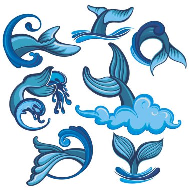 Deniz vektörünün yüzeyinde balina kuyruğu tasviri. Bir grup balina kuyruğu