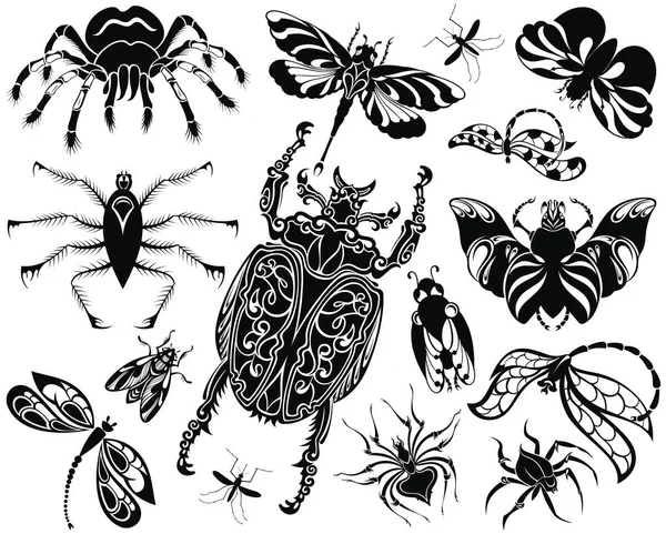 Conjunto Ilustraciones Insectos Mariposa Negra Insecto Libélula — Archivo Imágenes Vectoriales