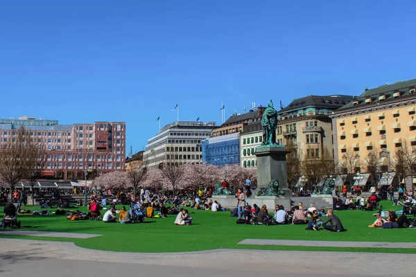 Stockholm, Svédország - 2019. április 28.: Családok ülnek zöld füvön XIII. Károly svéd király szobra mellett a Kungstradgarden-ben a rózsaszín cseresznyevirágzás idején tavasszal. Az emberek élvezik a tavaszt. — Stock Fotó