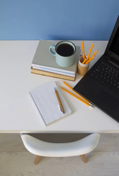 Top View Modern Creative Empty Student Workspace White Table Chair — Stock Photo, Image