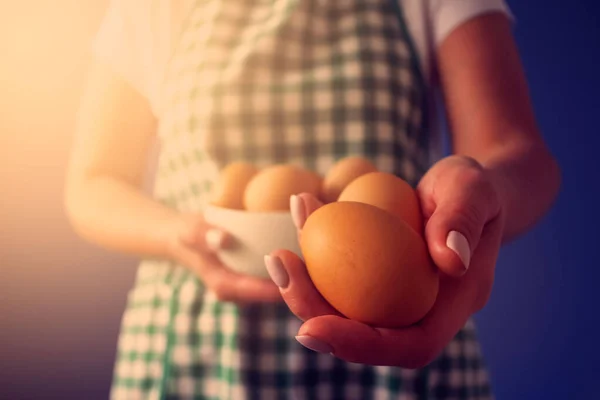 Dekat Dengan Terampil Muda Petani Wanita Memegang Segar Organik Telur — Stok Foto