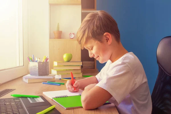 Niño Feliz Escribiendo Copybook Haciendo Los Deberes Estudiando Línea Casa — Foto de Stock