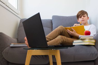 Çocuk evde bilgisayar ve kitaplarla online çalışıyor.