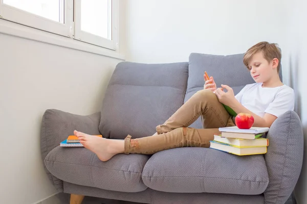 Niño feliz estudiando en línea en casa con libros y portátil — Foto de Stock