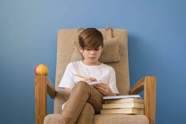 Niño estudiando en línea en casa con libros sobre fondo azul de moda — Foto de Stock