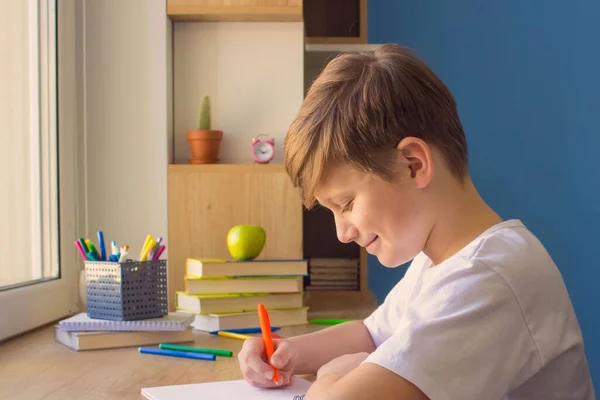 Gelukkige Jongen Die Zijn Schrift Schrijft Huiswerk Maakt Online Studeert — Stockfoto