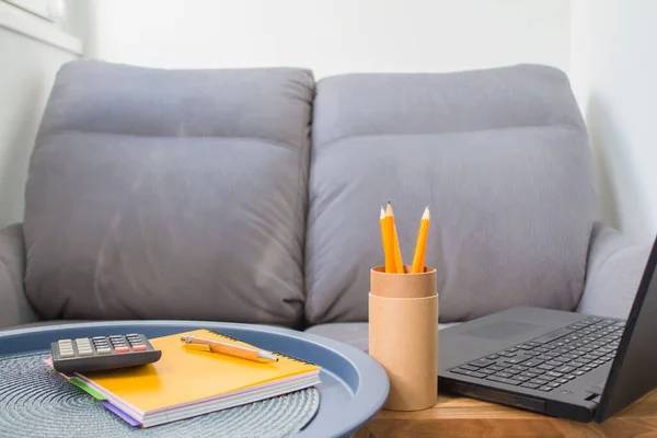 Home Office Creative Entrepreneur Black Laptop Modern Creative Workspace Yellow — Stock Photo, Image