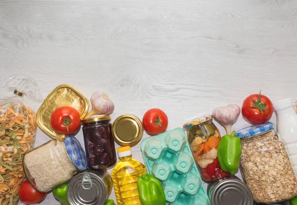 Verschiedene Lebensmittel Auf Hölzernem Hintergrund Mit Kopierfläche Pasta Frisches Gemüse — Stockfoto